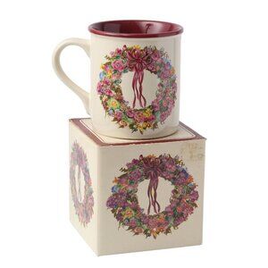 Vintage Christmas Wreath Mug Ceramic 1987 Holidays Potpourri Press Maroon Cream